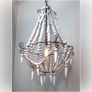 Med French Country Style White Wooden Bead Chandelier Driftwood Coastal Nautical